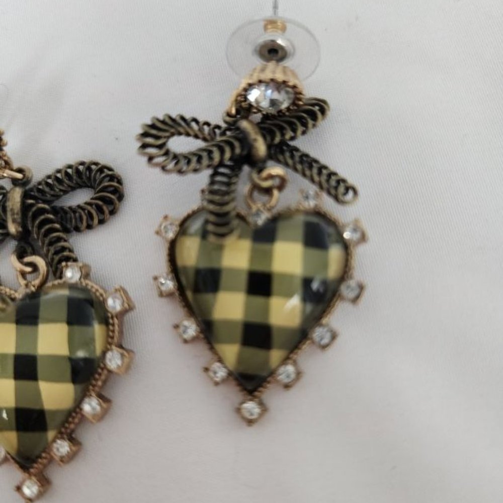 BETSEY JOHNSON BUFFALO CHECK PIERCED DROP EARRINGS WITH METAL BOWS